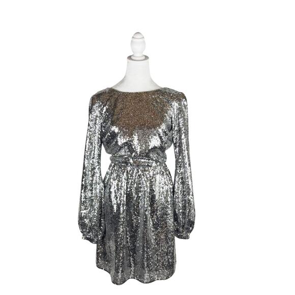 Saloni Camille Open Back Sequin Mini Dress Silver 4 NWT - Picture 3 of 10
